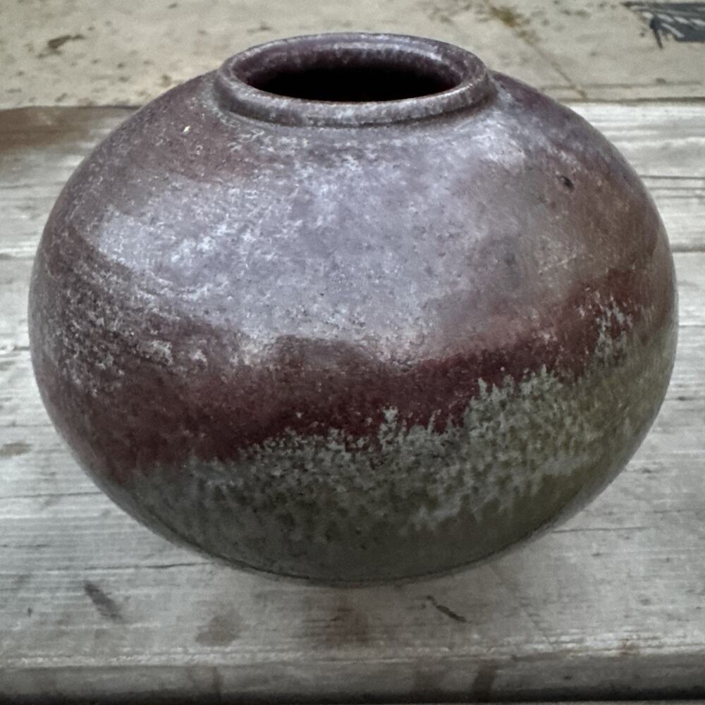 Vintage Vivian Thompson Raku Fired Pottery Vase Squat Vessel Studio Art Handmade